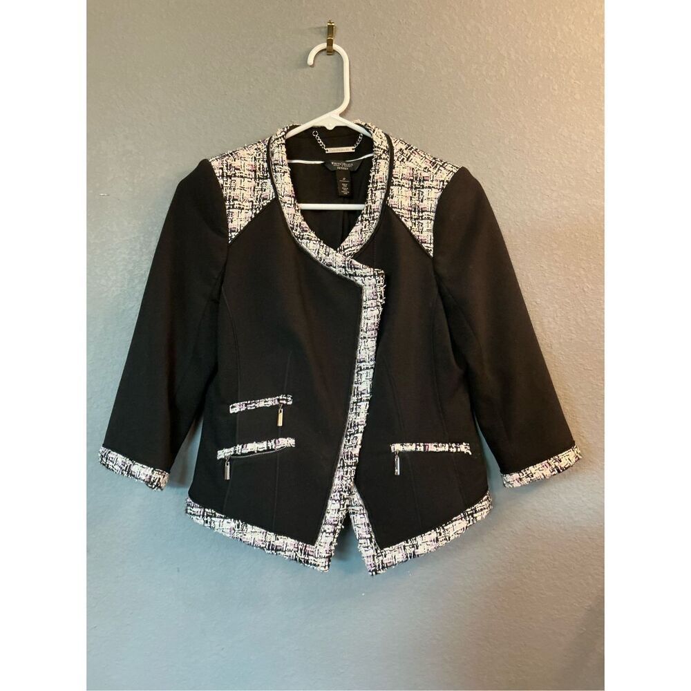 White House Black Market Asymmetrical Zip Tweed Trim Stretch Blazer Jacket 6Peti